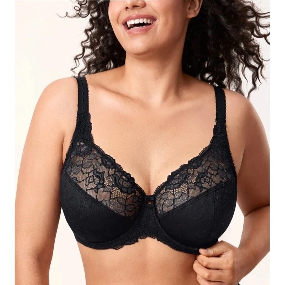 DELIMIRA 44H Bra Full Coverage Underwire Unlined Minimizer Black Lace Women W578